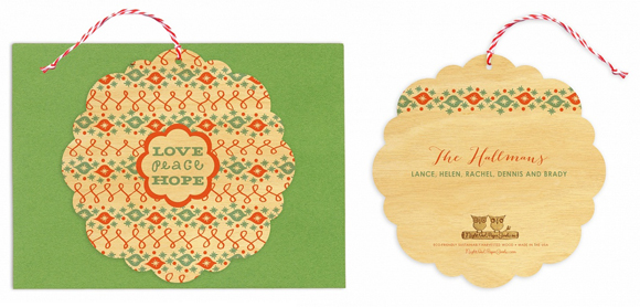 Night Owl Paper Goods' Love Peace Hope Ornament card