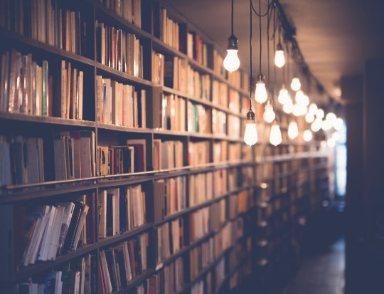 Library stacks lit by Edison bulbs