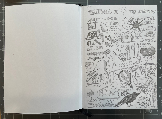 Picture of spread from sketchbook showing things I love to draw, including sea creatues Halloween stuff, monsters, holly, squashes, and more.