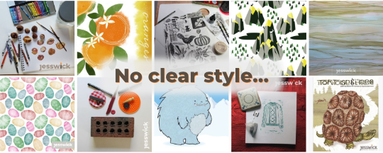 A montage of images from the @JesswickStudio instagram page, with the words "No clear style..." overlaid.