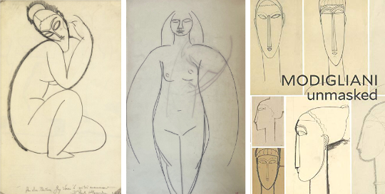Two Modigliani sketches, plus the cover of "Modigliani Unmasked" book.